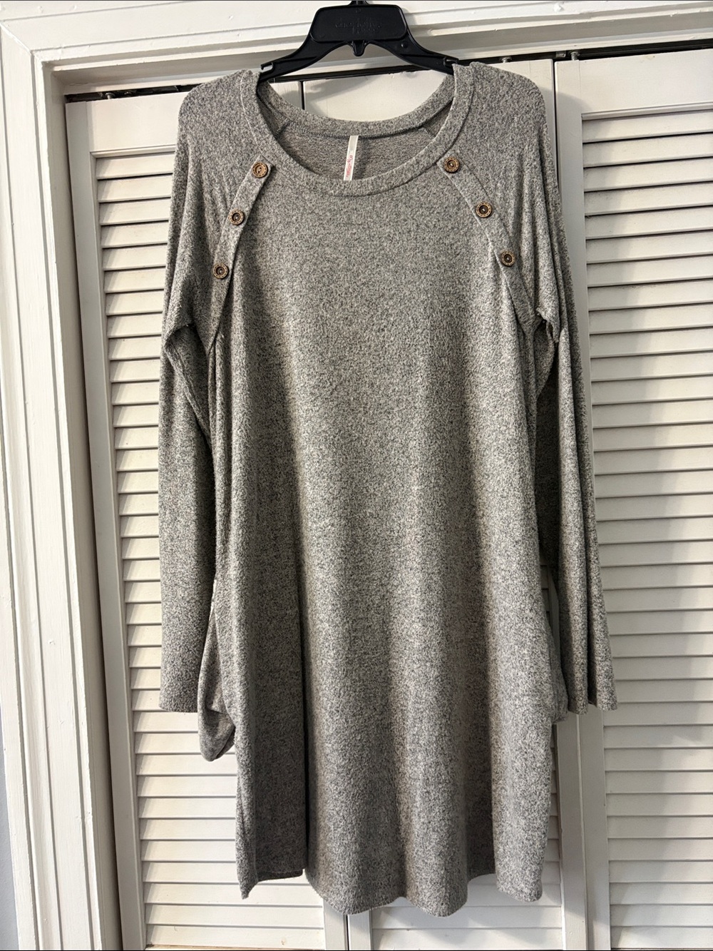Women's Gray Button-Shoulder Knit Dress with suede elbow patches and pockets.